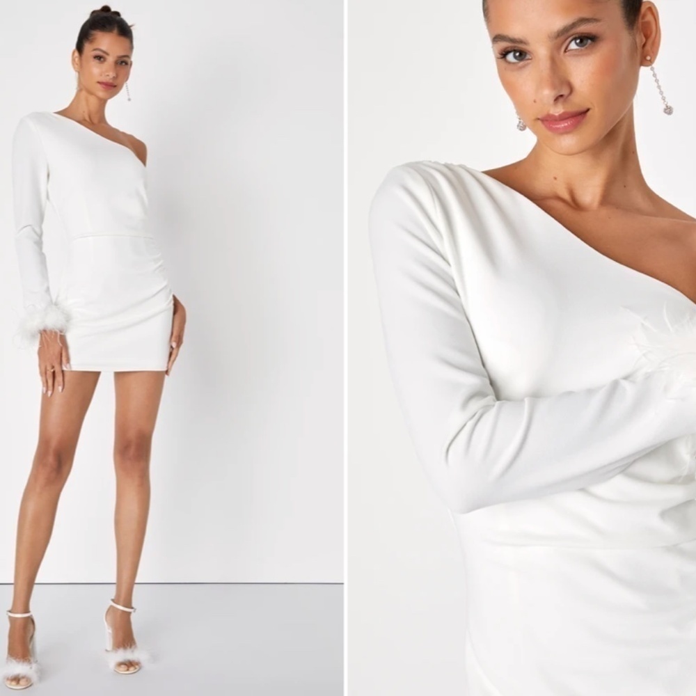 LULU's Bachelorette Engagement Bridal Sexy One Shoulder Long Sleeve Mini Dress - Picture 4 of 5